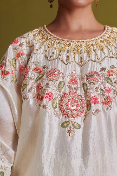 Buy_Aarti Sethia_Ivory Kota Doria, Bamboo Embroidery Round Gardenia Dabka Kurta With Palazzo _Online_at_Aza_Fashions