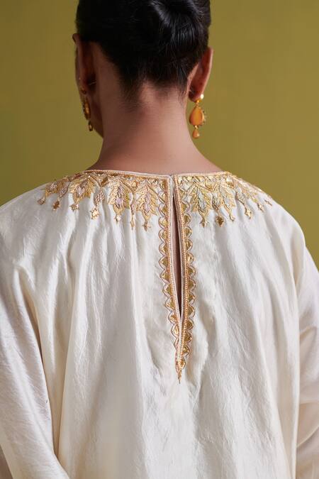 Buy_Aarti Sethia_Ivory Kota Doria, Bamboo Embroidery Round Gardenia Dabka Kurta With Palazzo 
