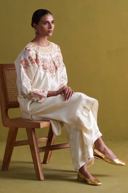 Shop_Aarti Sethia_Ivory Kota Doria, Bamboo Embroidery Round Gardenia Dabka Kurta With Palazzo 