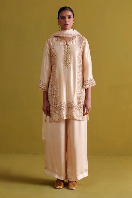 Aarti Sethia_Beige Kota Doria, Silk, Satin, Organza Persian Fleur Dabka Kurti Palazzo Set _Online_at_Aza_Fashions