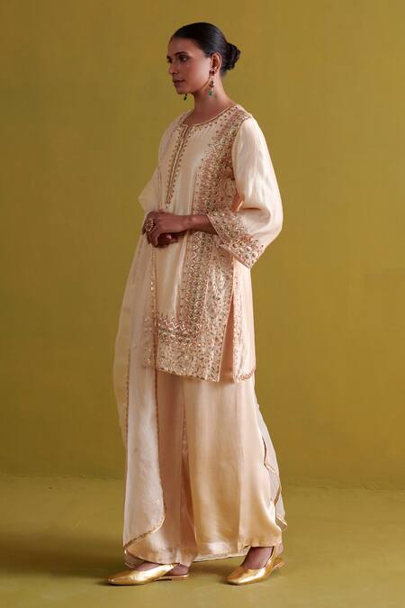Buy_Aarti Sethia_Beige Kota Doria, Silk, Satin, Organza Persian Fleur Dabka Kurti Palazzo Set _Online_at_Aza_Fashions