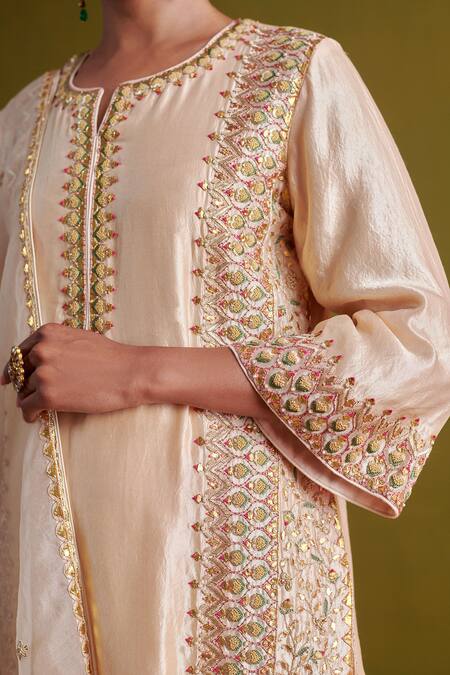 Shop_Aarti Sethia_Beige Kota Doria, Silk, Satin, Organza Persian Fleur Dabka Kurti Palazzo Set _Online_at_Aza_Fashions
