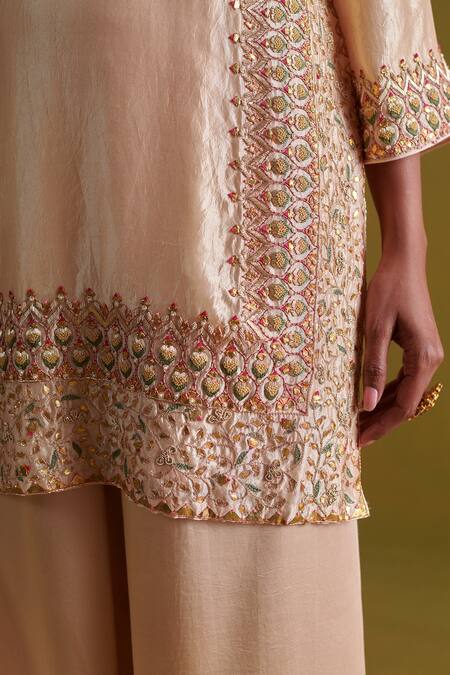 Buy_Aarti Sethia_Beige Kota Doria, Silk, Satin, Organza Persian Fleur Dabka Kurti Palazzo Set 