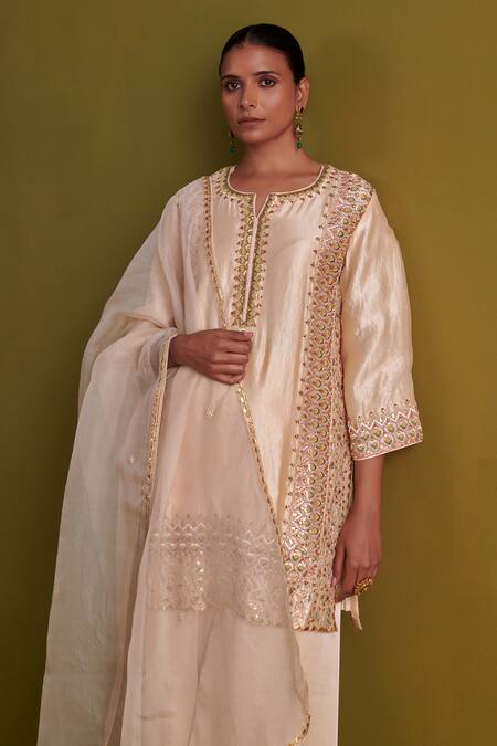 Shop_Aarti Sethia_Beige Kota Doria, Silk, Satin, Organza Persian Fleur Dabka Kurti Palazzo Set 