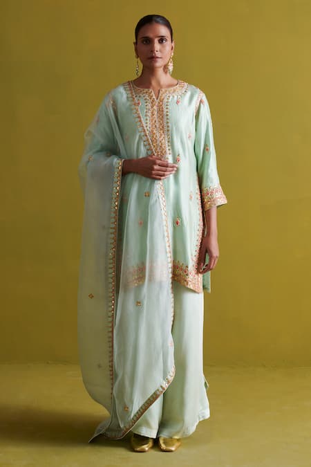 Aarti Sethia_Green Satin, Kota Doria, Organza Patti, Ambrosia Fleur Kurti Palazzo Set _Online_at_Aza_Fashions