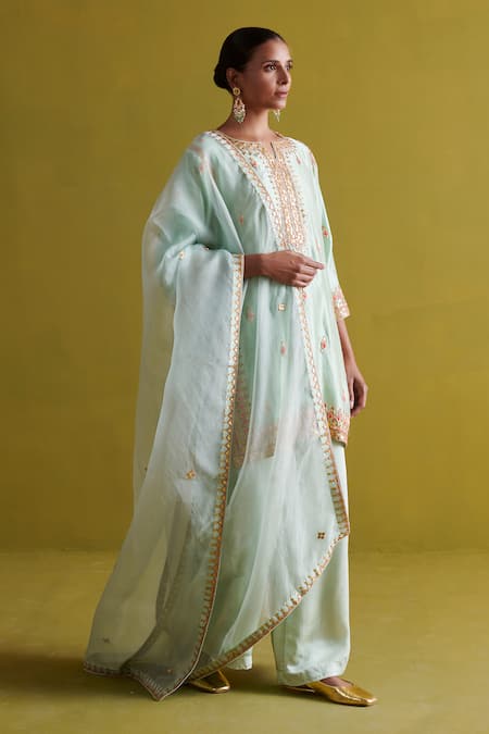 Buy_Aarti Sethia_Green Satin, Kota Doria, Organza Patti, Ambrosia Fleur Kurti Palazzo Set _Online_at_Aza_Fashions