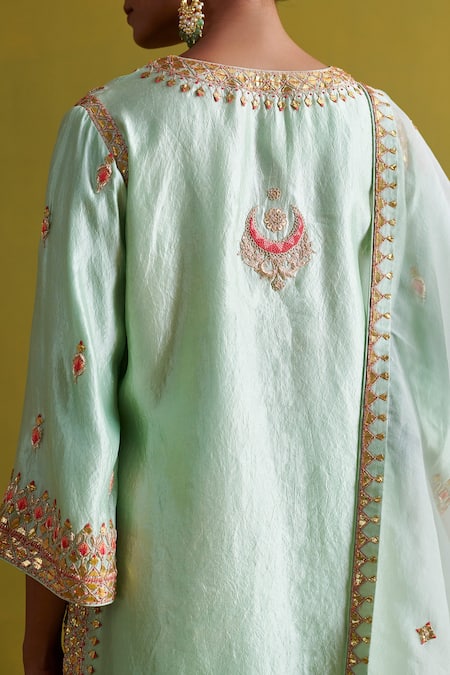 Shop_Aarti Sethia_Green Satin, Kota Doria, Organza Patti, Ambrosia Fleur Kurti Palazzo Set _Online_at_Aza_Fashions