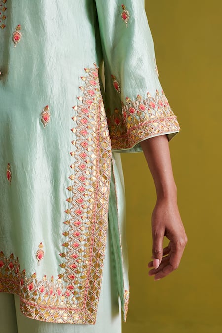 Buy_Aarti Sethia_Green Satin, Kota Doria, Organza Patti, Ambrosia Fleur Kurti Palazzo Set 