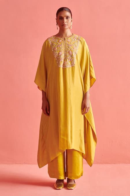 Aarti Sethia_Yellow Kora Silk Embroidery Petunia Mukaish Thread Work Yoke Kaftan With Palazzo _Online_at_Aza_Fashions