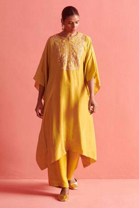 Shop_Aarti Sethia_Yellow Kora Silk Embroidery Petunia Mukaish Thread Work Yoke Kaftan With Palazzo 