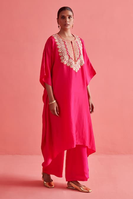 Aarti Sethia Pink Crepe Silk Embroidery Brass Gota Coin Embellished Yoke Kaftan With Palazzo 