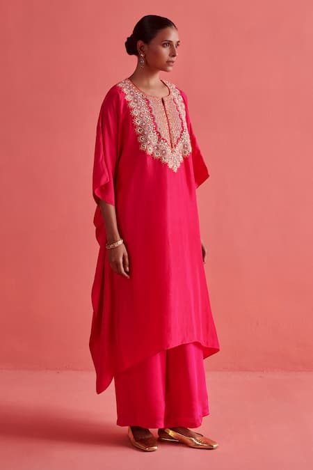 Buy_Aarti Sethia_Pink Crepe Silk Embroidery Brass Gota Coin Embellished Yoke Kaftan With Palazzo _Online_at_Aza_Fashions