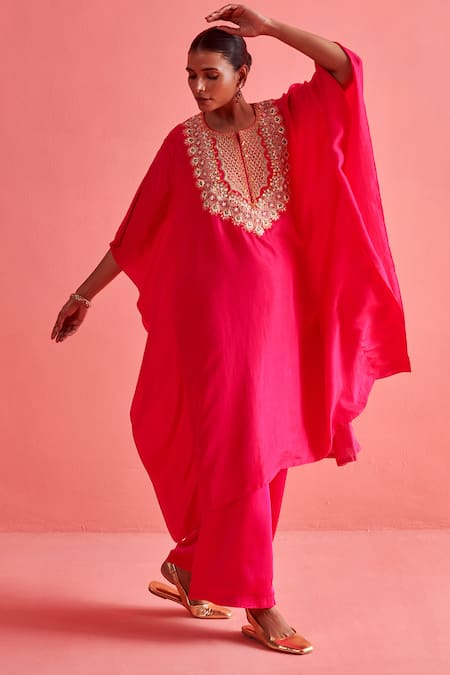 Shop_Aarti Sethia_Pink Crepe Silk Embroidery Brass Gota Coin Embellished Yoke Kaftan With Palazzo _Online_at_Aza_Fashions