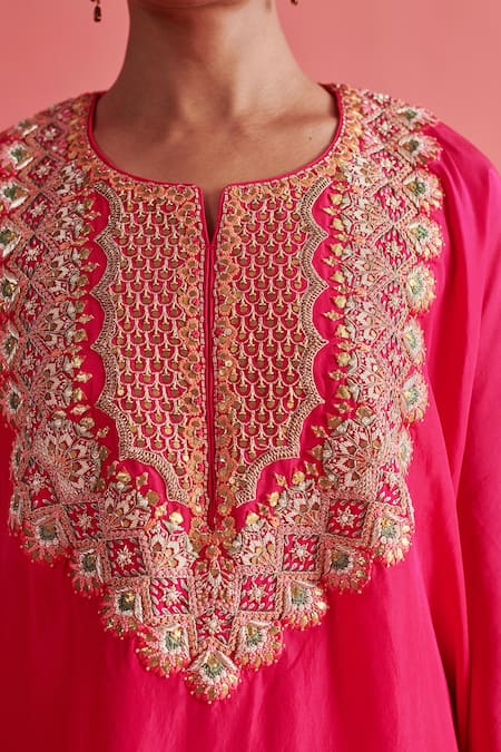 Aarti Sethia_Pink Crepe Silk Embroidery Brass Gota Coin Embellished Yoke Kaftan With Palazzo _at_Aza_Fashions