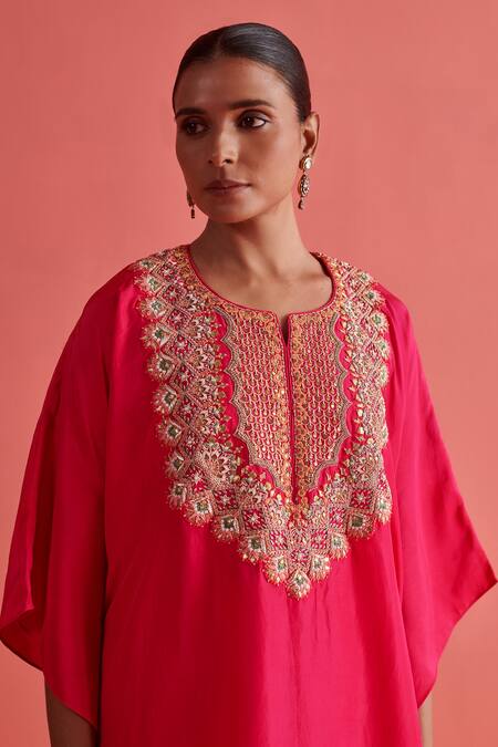 Buy_Aarti Sethia_Pink Crepe Silk Embroidery Brass Gota Coin Embellished Yoke Kaftan With Palazzo 