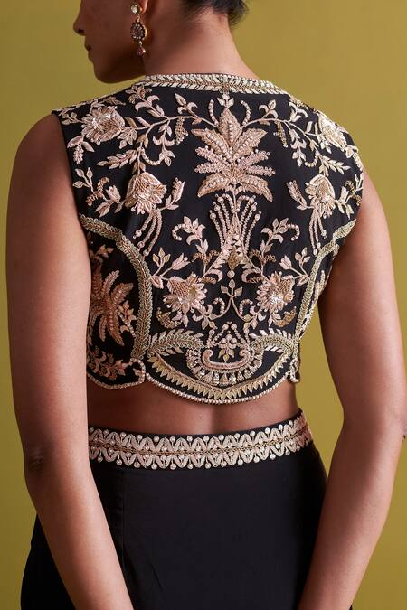 Aarti Sethia_Black Crepe, Silk, Satin Embroidery Round Bloom Dabka Bustier With Draped Skirt _Online_at_Aza_Fashions