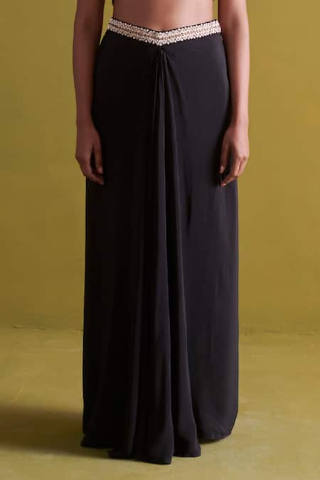 Buy_Aarti Sethia_Black Crepe, Silk, Satin Embroidery Round Bloom Dabka Bustier With Draped Skirt _Online_at_Aza_Fashions