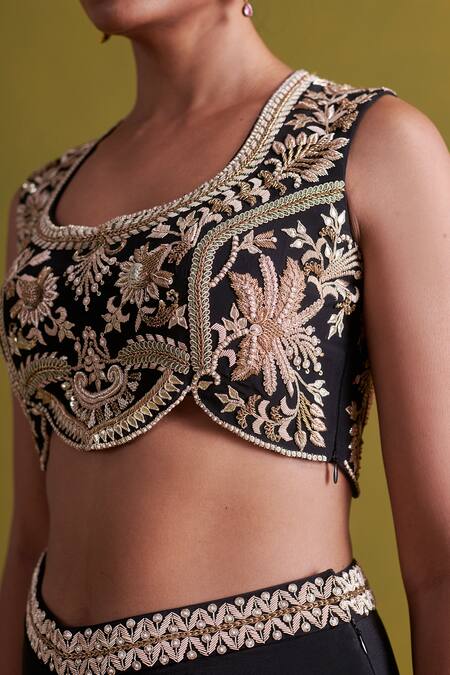 Aarti Sethia_Black Crepe, Silk, Satin Embroidery Round Bloom Dabka Bustier With Draped Skirt _at_Aza_Fashions
