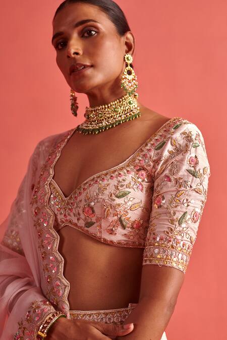 Buy_Aarti Sethia_Pink Organza Lining Shantoon Embroidery Camellia Mukaish Thread Work Dupatta _Online_at_Aza_Fashions