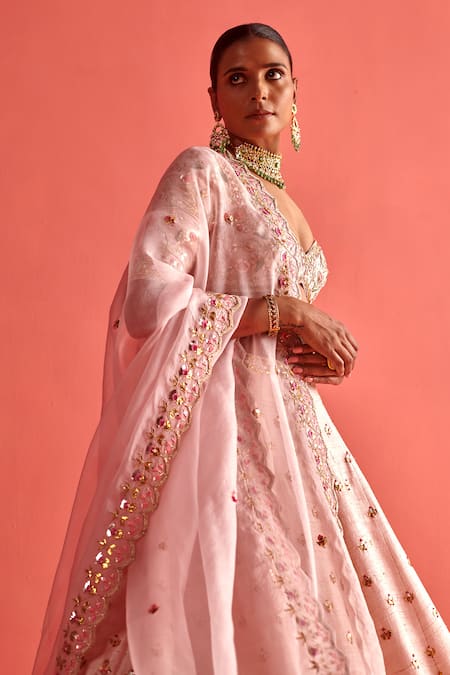 Shop_Aarti Sethia_Pink Organza Lining Shantoon Embroidery Camellia Mukaish Thread Work Dupatta _Online_at_Aza_Fashions