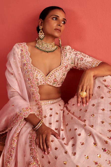 Aarti Sethia_Pink Organza Lining Shantoon Embroidery Camellia Mukaish Thread Work Dupatta _at_Aza_Fashions