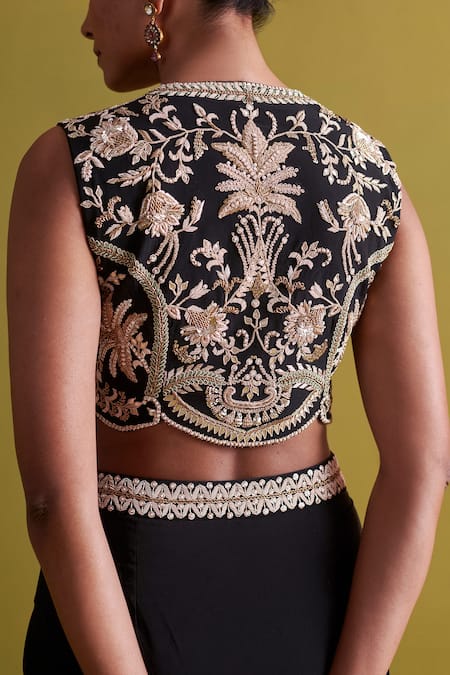 Aarti Sethia Black Crepe Silk Embroidery Dabka U Neck French Fleur Bustier Online at Aza Fashions Aarti Sethia_Black Crepe Silk Embroidery Dabka U Neck French Fleur Bustier _Online_at_Aza_Fashions