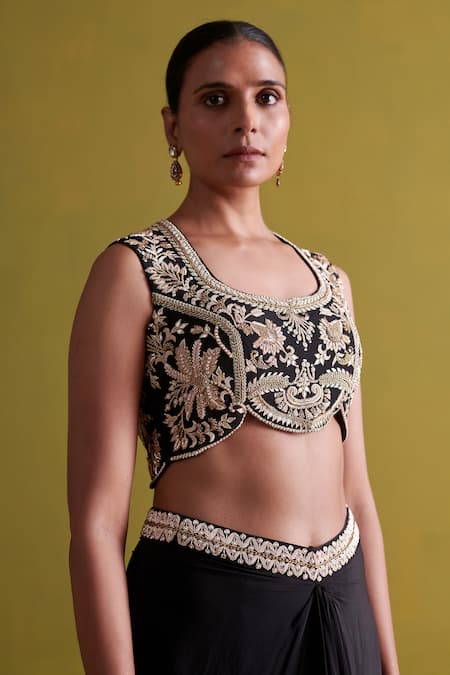 Buy Aarti Sethia Black Crepe Silk Embroidery Dabka U Neck French Fleur Bustier Buy_Aarti Sethia_Black Crepe Silk Embroidery Dabka U Neck French Fleur Bustier