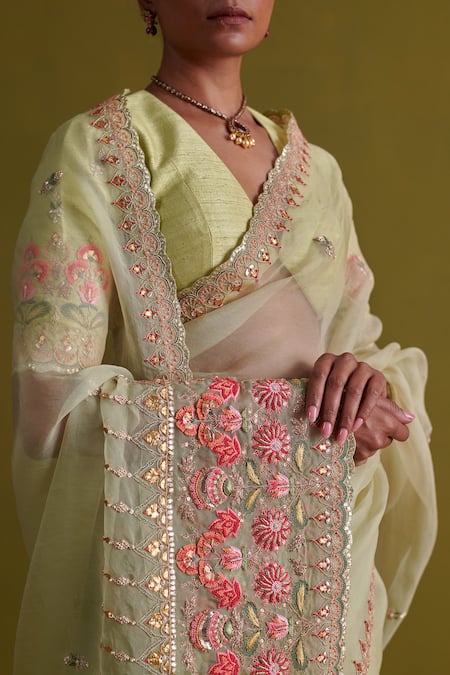 Buy_Aarti Sethia_Green Raw Silk Embroidery Dabka Deep V Moonflower Mukaish Thread Work Blouse _Online_at_Aza_Fashions