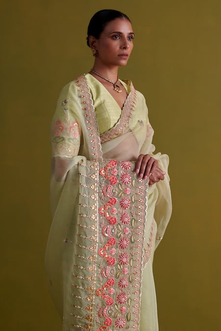 Shop_Aarti Sethia_Green Raw Silk Embroidery Dabka Deep V Moonflower Mukaish Thread Work Blouse _Online_at_Aza_Fashions