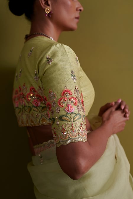 Aarti Sethia_Green Raw Silk Embroidery Dabka Deep V Moonflower Mukaish Thread Work Blouse _at_Aza_Fashions