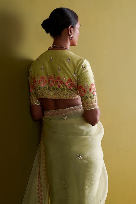 Buy_Aarti Sethia_Green Raw Silk Embroidery Dabka Deep V Moonflower Mukaish Thread Work Blouse 