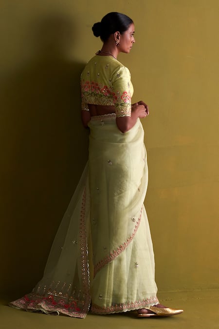 Shop_Aarti Sethia_Green Raw Silk Embroidery Dabka Deep V Moonflower Mukaish Thread Work Blouse 