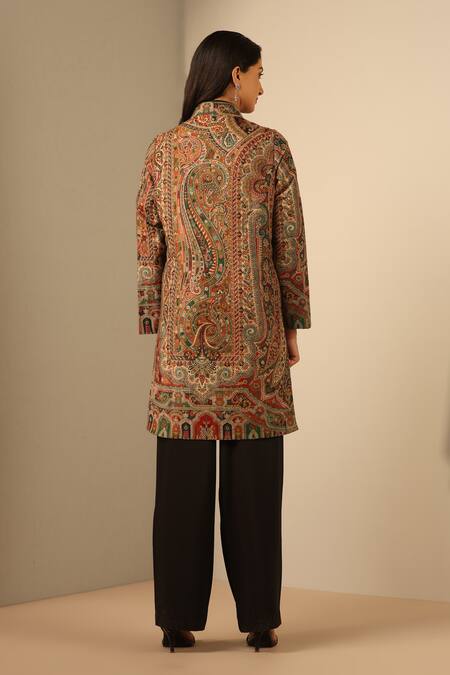Shop Dusala Multi Color Wool, Silk Embroidery Mandarin Collar Nuria Floral Pattern Jacket at Aza Fashions Shop_Dusala_Multi Color Wool, Silk Embroidery Mandarin Collar Nuria Floral Pattern Jacket_at_Aza_Fashions