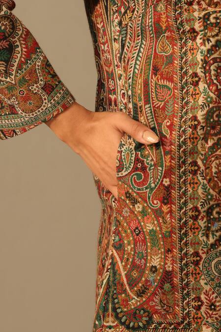 Dusala Multi Color Wool, Silk Embroidery Mandarin Collar Nuria Floral Pattern Jacket Online at Aza Fashions Dusala_Multi Color Wool, Silk Embroidery Mandarin Collar Nuria Floral Pattern Jacket_Online_at_Aza_Fashions