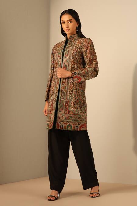 Buy Dusala Multi Color Wool, Silk Embroidery Mandarin Collar Nuria Floral Pattern Jacket Online at Aza Fashions Buy_Dusala_Multi Color Wool, Silk Embroidery Mandarin Collar Nuria Floral Pattern Jacket_Online_at_Aza_Fashions