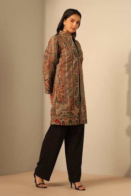 Shop Dusala Multi Color Wool, Silk Embroidery Mandarin Collar Nuria Floral Pattern Jacket Online at Aza Fashions Shop_Dusala_Multi Color Wool, Silk Embroidery Mandarin Collar Nuria Floral Pattern Jacket_Online_at_Aza_Fashions