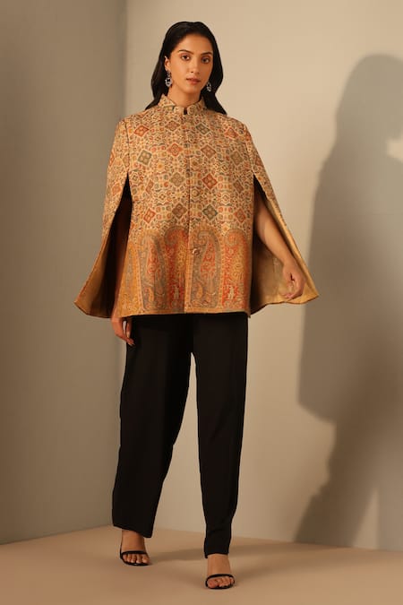 Dusala_Beige Riya Woven Mosaic Cape_Online_at_Aza_Fashions