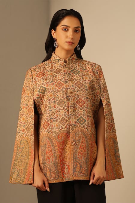 Buy_Dusala_Beige Riya Woven Mosaic Cape_Online_at_Aza_Fashions