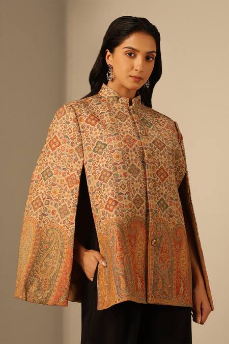 Shop_Dusala_Beige Riya Woven Mosaic Cape_Online_at_Aza_Fashions
