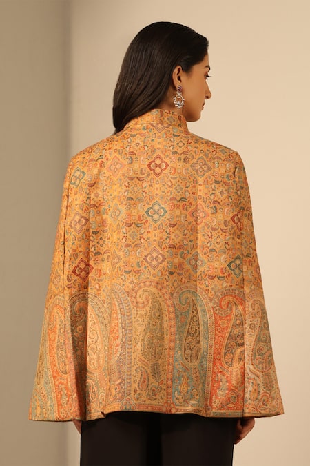 Shop Dusala Yellow Anibha Wool Silk Woven Cape at Aza Fashions Shop_Dusala_Yellow Anibha Wool Silk Woven Cape _at_Aza_Fashions