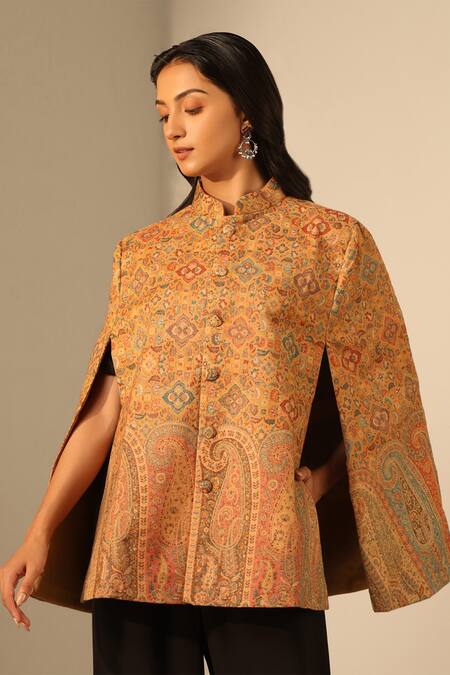 Shop Dusala Yellow Anibha Wool Silk Woven Cape Online at Aza Fashions Shop_Dusala_Yellow Anibha Wool Silk Woven Cape _Online_at_Aza_Fashions