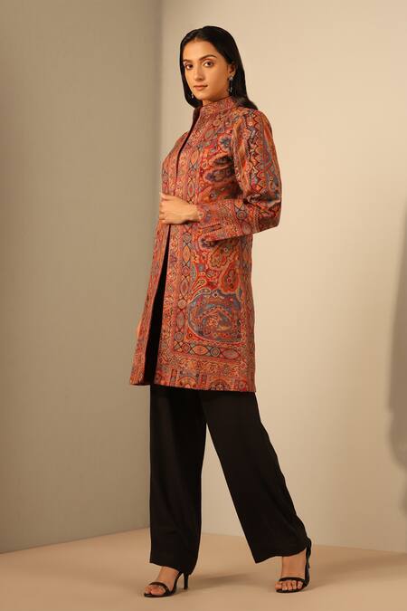 Dusala_Red Wool, Silk Mandarin Collar Tara Woven Floral Jacket_Online_at_Aza_Fashions