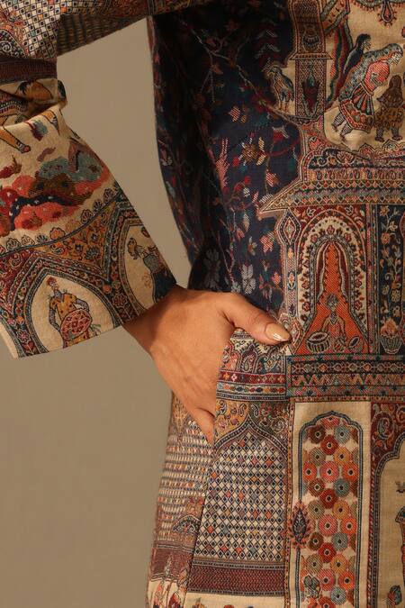 Dusala Multi Color Wool, Silk Embroidery Mandarin Naira Woven Figurine Pattern Jacket Online at Aza Fashions Dusala_Multi Color Wool, Silk Embroidery Mandarin Naira Woven Figurine Pattern Jacket _Online_at_Aza_Fashions