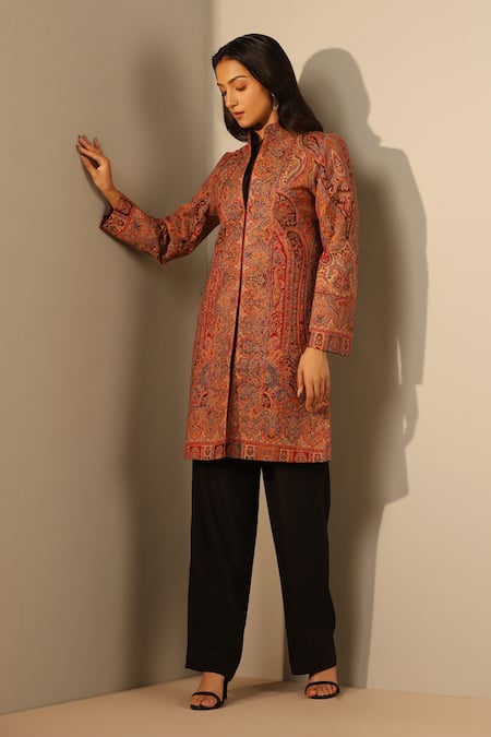 Shop Dusala Multi Color Wool, Silk Mandarin Collar Anvi Woven Persian Pattern Jacket at Aza Fashions Shop_Dusala_Multi Color Wool, Silk Mandarin Collar Anvi Woven Persian Pattern Jacket _at_Aza_Fashions