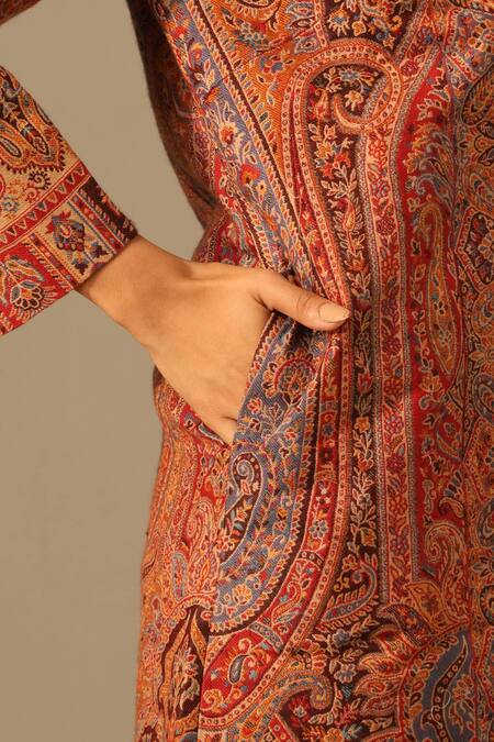 Dusala Multi Color Wool, Silk Mandarin Collar Anvi Woven Persian Pattern Jacket Online at Aza Fashions Dusala_Multi Color Wool, Silk Mandarin Collar Anvi Woven Persian Pattern Jacket _Online_at_Aza_Fashions