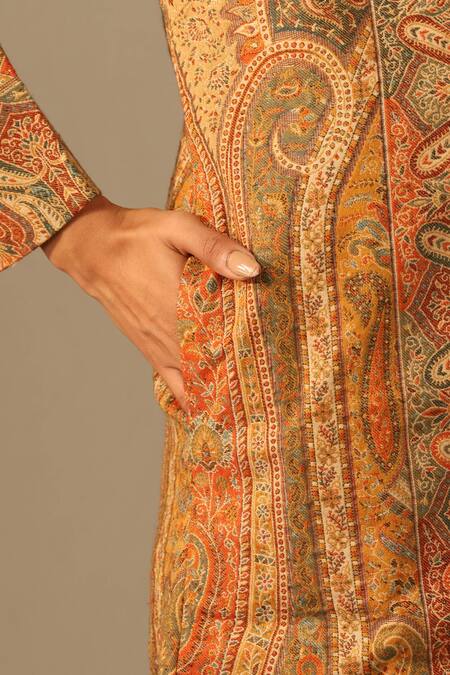 Buy Dusala Yellow Wool, Silk Mandarin Collar Myra Woven Floral Persian Jacket Online at Aza Fashions Buy_Dusala_Yellow Wool, Silk Mandarin Collar Myra Woven Floral Persian Jacket_Online_at_Aza_Fashions