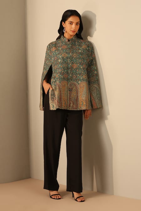 Dusala Green Naina Woven Mosaic Pattern Cape 