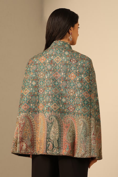 Shop Dusala Green Naina Woven Mosaic Pattern Cape at Aza Fashions Shop_Dusala_Green Naina Woven Mosaic Pattern Cape _at_Aza_Fashions