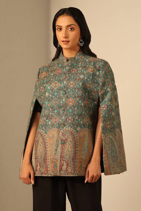 Buy Dusala Green Naina Woven Mosaic Pattern Cape Online at Aza Fashions Buy_Dusala_Green Naina Woven Mosaic Pattern Cape _Online_at_Aza_Fashions