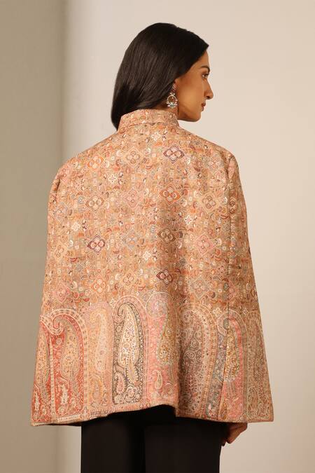 Shop_Dusala_Beige Kavya Wool Silk Woven Cape _at_Aza_Fashions